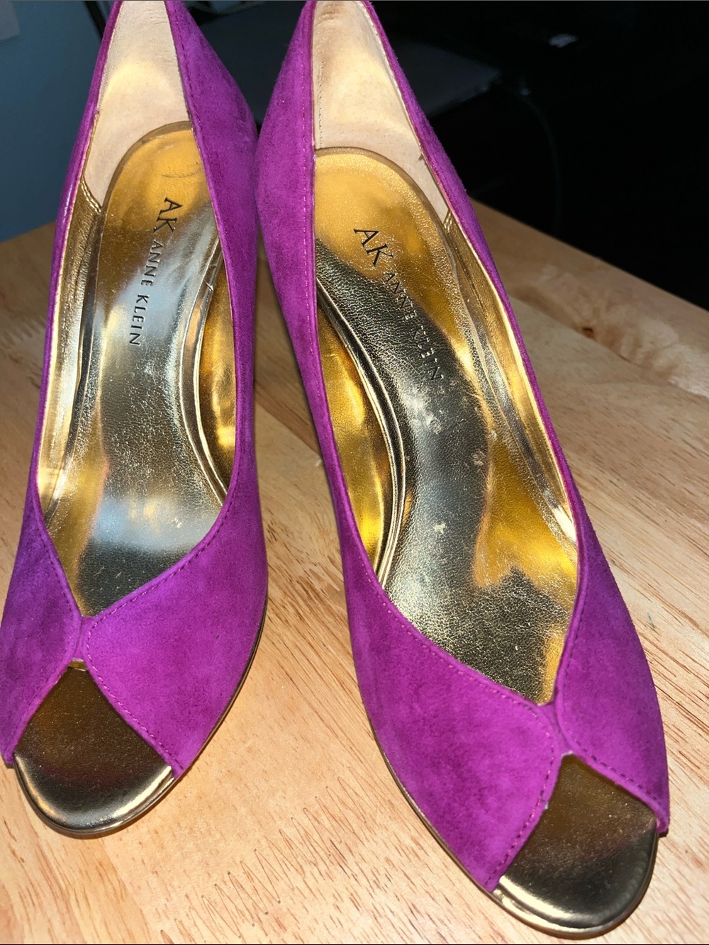Anne Klein Fuchsia Suede Peep-Toe Heels with Metallic Gold Insole